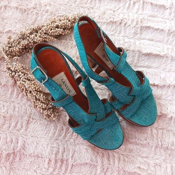 Lanvin Teal Platform Cork Sandals Heels Size 6 - Picture 2 of 8